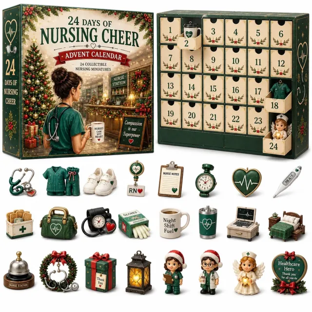 SWGOTA Adventskalender met verpleegkundethema, 24 genummerde lades en decoratieve miniaturen, kerstgeschenk in doos Groen
