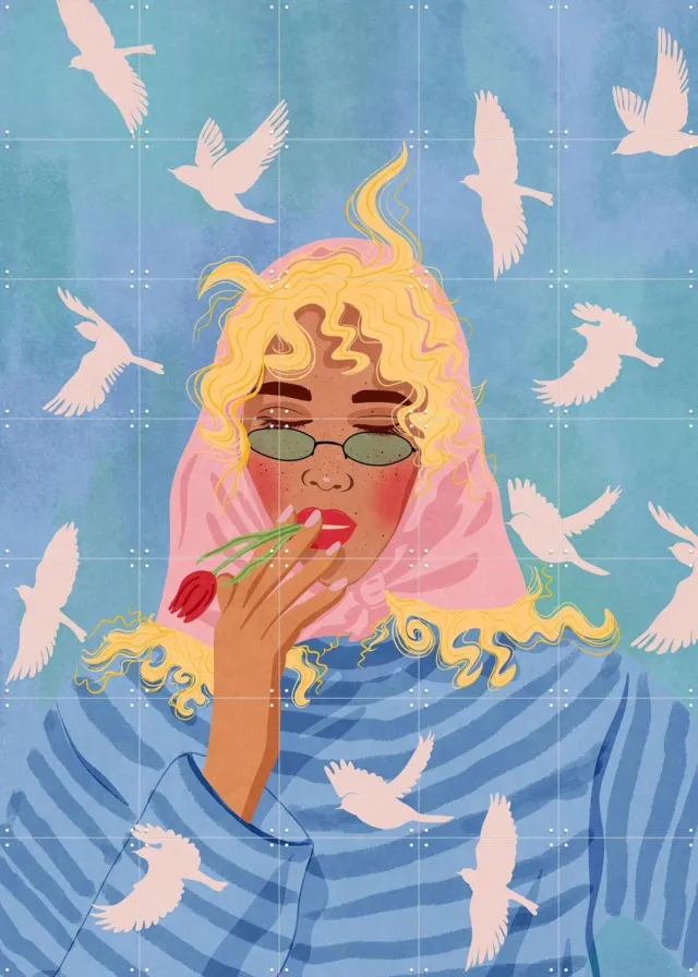 IXXI Her Mind Flies, Raissa Oltmanns - 100 x 140 cm - Grote wanddecoratie en posters - Illustraties, Speels, Digitale Kunst, Woonkamer, Gang Blauw / Roze