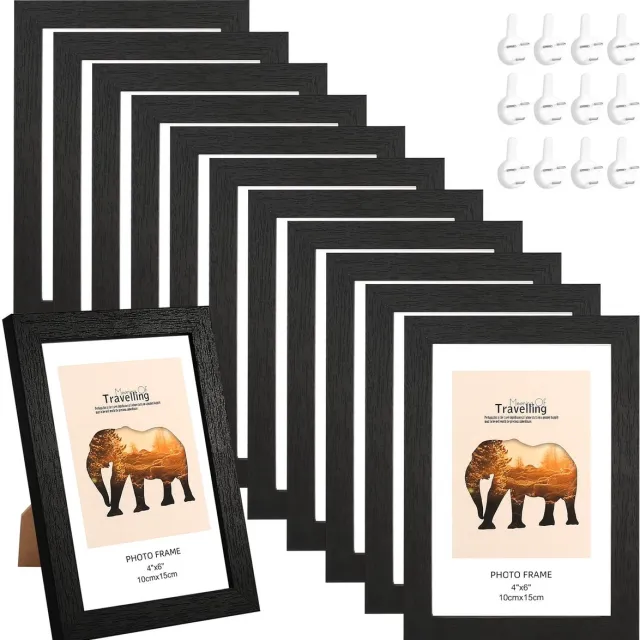 Famanu Set van 12 fotolijsten, 10 x 15 cm, zwarte houten fotolijsten voor wandbekleding of tafeldecoratie