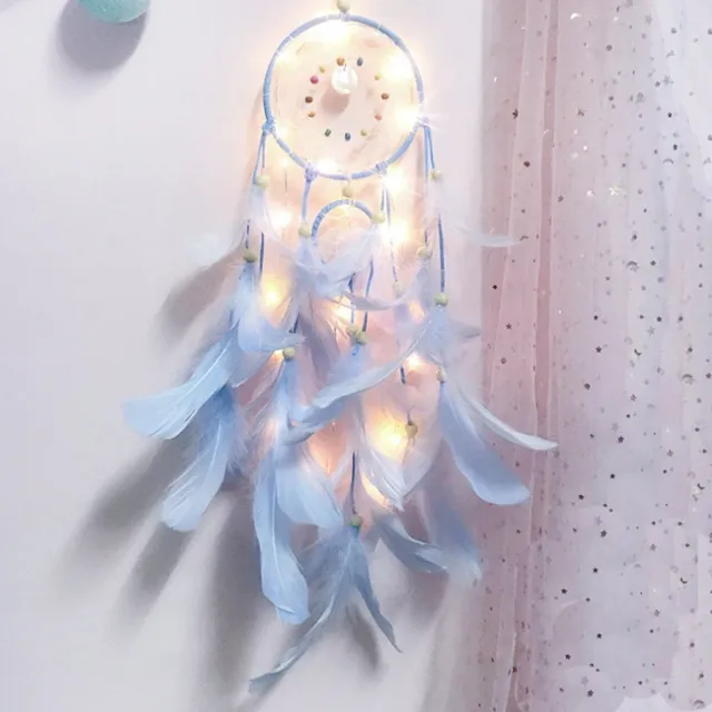 DW4Trading Dromenvanger Blauw met Kralen en Veren en Led Verlichting - Dreamcatcher - 60x12 cm Blauw met Kralen en Veren met LED (12cm)