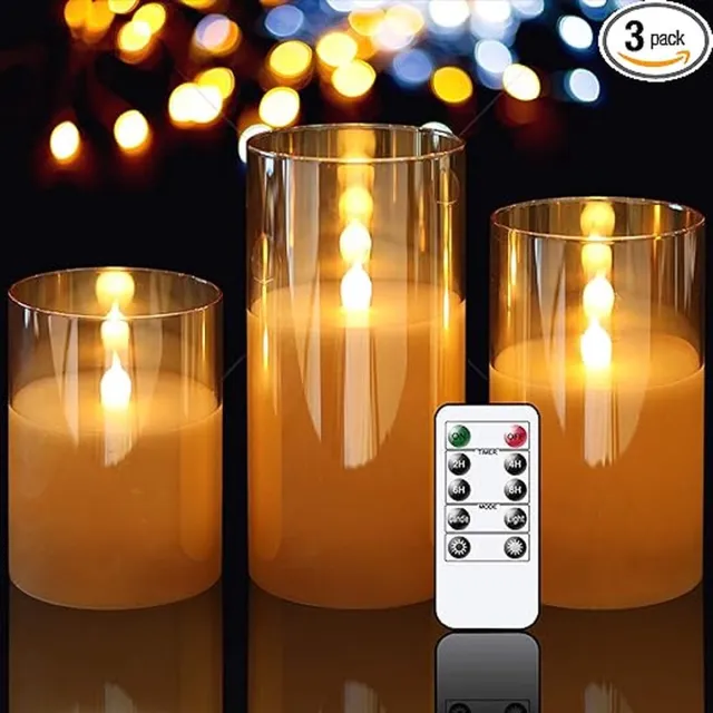 Moli Shop LED Kaarsen 3 stuks-Batterijkaarsen, zuilkaarsen Werkt op batterijen met afstandsbediening en timer, goud glas