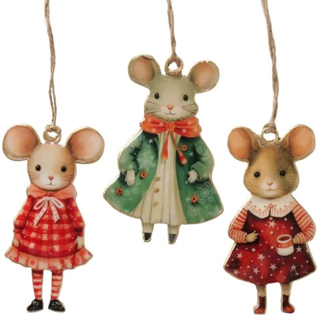 Boltze Pippa - Kerst - Hangers - Muis - Set van 3 - Metaal - Handgemaakt - 10 x 6,5 cm - Figuur rood