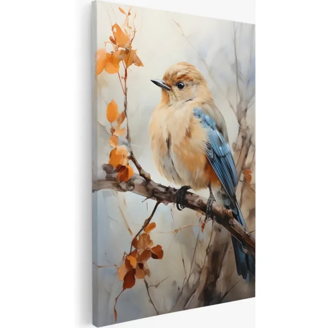 Saammp Canvas Schilderij - Vogel op tak - Herfst - Bloemen - Abstract - 100x150 - Foto op canvas - Wanddecoratie - Muurdecoratie Woonkamer - Kantoor Decoratie Multicolor