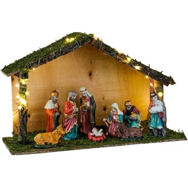 Hi Verlichte kerststal - porselein/mos/hout - 40 x 16 x 26 cm - incl. 9 beeldjes/figuren - kerstversiering Multi