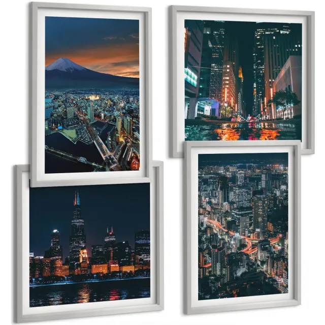 Coloray 4-Delige Schilderij Set - Uitzicht Op De Stad 'S Nachts Vanaf De Bergen Met Wolkenkrabbers - 40 x 40 cm En 40 x 60 cm - Muurdecoratie - Wanddecoratie - Hal - Moderne Wanddecoratie Zilveren lijst