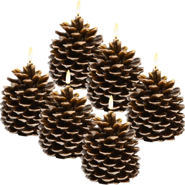 Anna's Collection LED dennenappel kaars - 6x - bruin - 12.5 x 10.5 cm - met timer