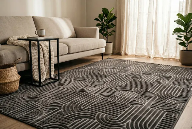Padiro stijlvol laagpolig vloerkleed 120 x 160 cm - donkergrijs - modern Japandi ontwerp - voor vloerverwarming - van polyester en katoen