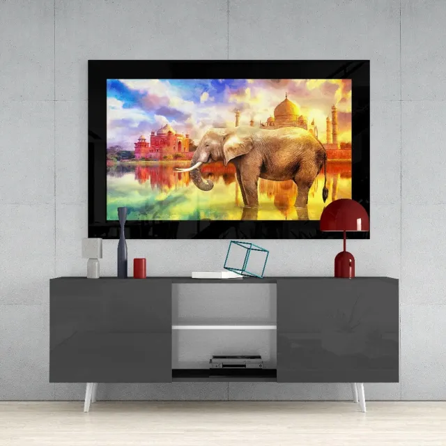 Insigne Art Glasschilderij – Gouden Paleisreflectie met Olifant – Stijlvolle Kunst aan de Muur Meerkleurig
