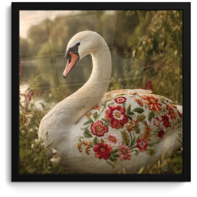 FrameYourWall Poster in lijst - Fotolijst 40x40 cm - Posters - Zwaan - Bloemen - Natuur - Posterlijst zwart - Decoratie - Wanddecoratie woonkamer - Muurdecoratie slaapkamer