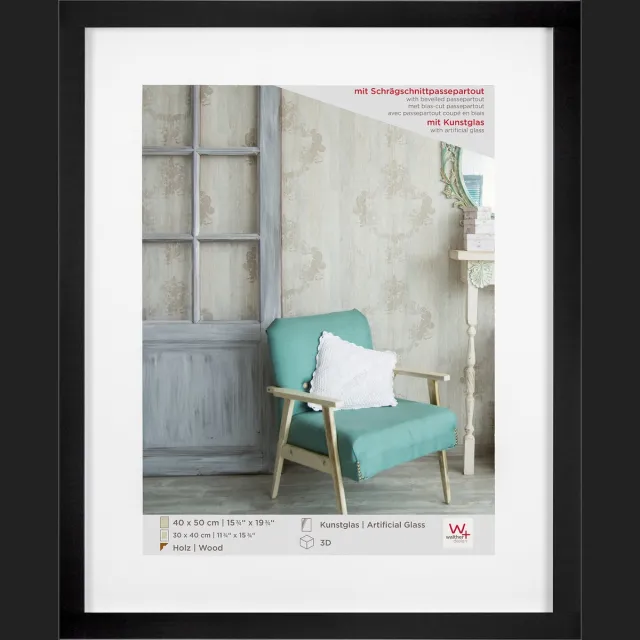 Walther Stockholm - 3D MDF Houten lijst - Fotoformaat 40x50 - Kunstglas - Zwart