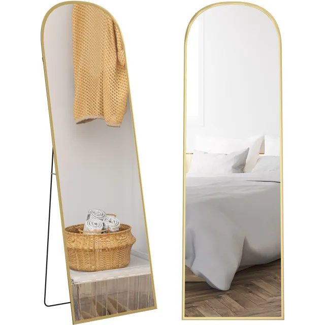 Lunpog Gebogen staande spiegel - grote wandspiegel - passpiegel met aluminium frame - kantelbare spiegel - goud