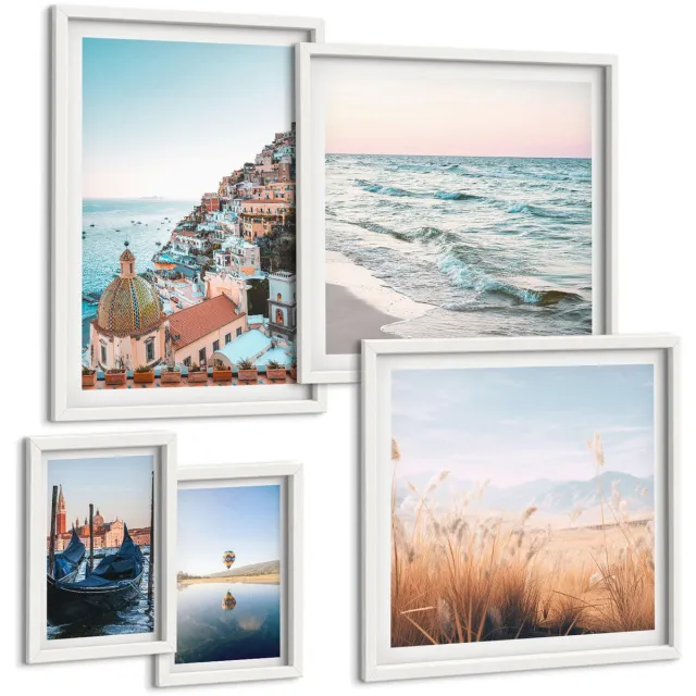 Coloray 5-Delige Schilderij Set - Charmante Uitzichten Op Kustplaatsen En Landschappen - 50 x 50 cm, 20 x 30 cm En 40 x 60 cm - Moderne Wanddecoratie - Slaapkamer Witte lijst