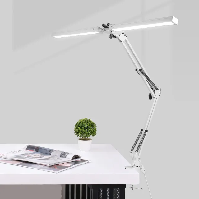 KZQ LED-bureaulamp met twee lampkoppen en dubbel scharnierarm - Oogcomfortabel licht voor lange werkuren - Verstelbaar en stabiel met geheugenfunctie - Perfect voor thuis en kantoor - Zwart Wit