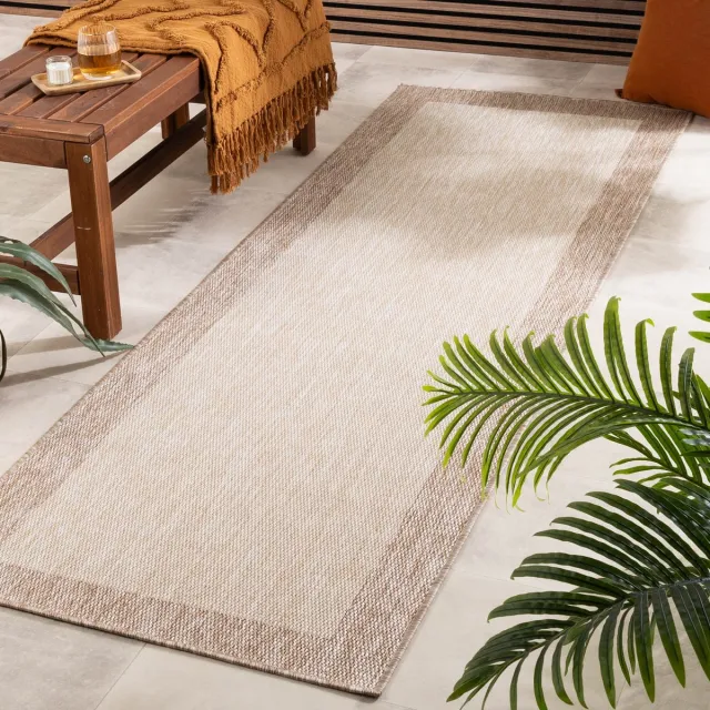 Fraai In- & Outdoor loper - Sierra Border Creme/Beige - 80x250cm Crème