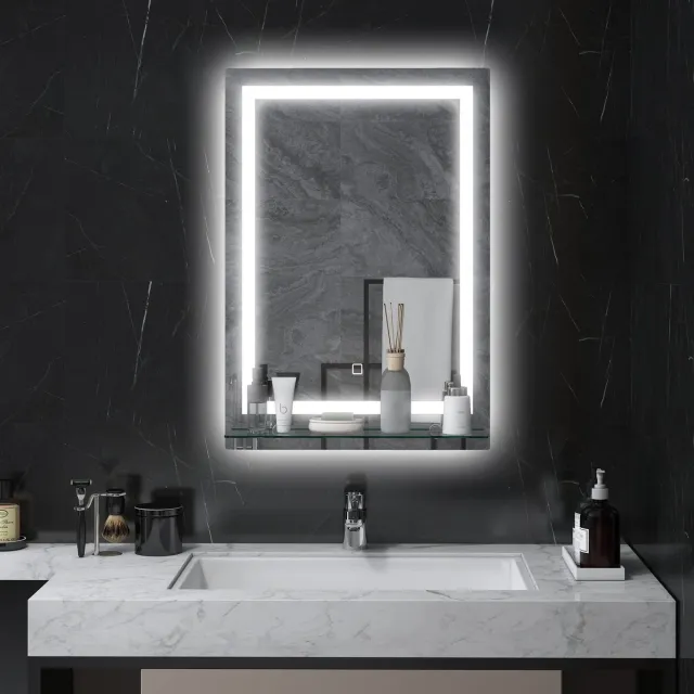 Wishdor Badkamerspiegel Met Ledverlichting En Glazen Planchet - Wandmontage - Aluminium - Zilver - 50 x 2,7 x 70 cm