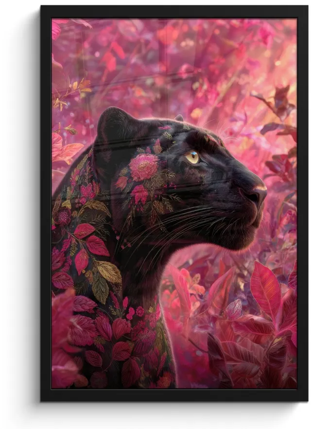 FrameYourWall Poster in lijst - Fotolijst 40x60 cm - Posters - Luipaard - Bloemen - Roze - Posterlijst zwart - Decoratie - Wanddecoratie woonkamer - Muurdecoratie slaapkamer