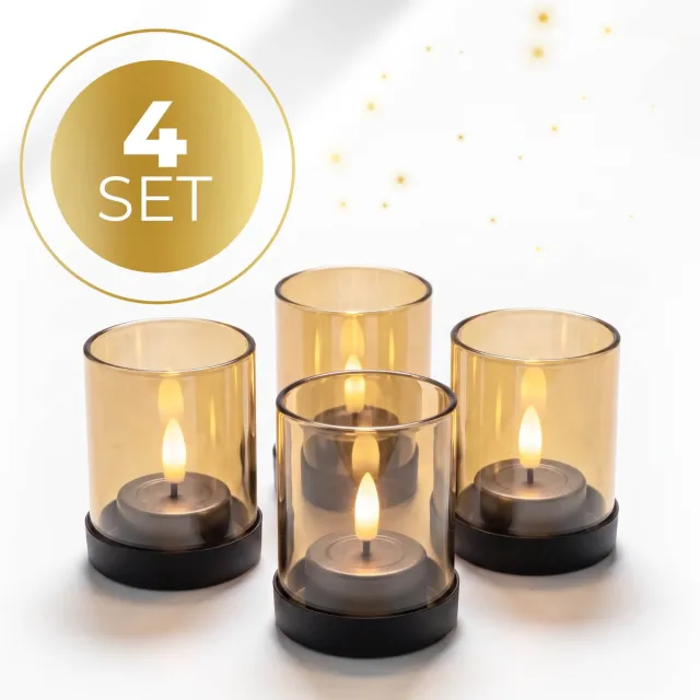 KENN Industriële Waxinelichthouders - Set van 4 - Zand/Goud Glas - Zwarte Metalen Basis - Theelichthouders - Kaarsenhouders - Luxe Uitstraling - Voor Binnen & Buiten - Lichtermeer - Voor LED Kaarsen & Waxinelichtjes