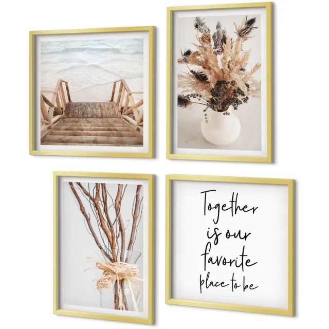 Coloray 4-Delige Schilderij Set - Bloemen en takken in een minimalistische, natuurlijke stijl. - 40 x 40 cm en 40 x 60 cm - Decoratieve Schilderijen - Wanddecoratie - Hal - Muurdecoratie Gouden lijst