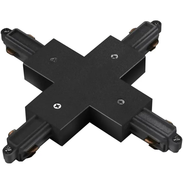 Fantasia Track 1F X-connector, zwart kruiskoppelstuk voor 1-fase railsysteem met aardaansluiting aan de buitenzijde
