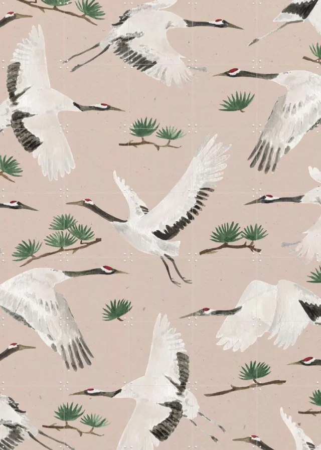 IXXI Cranes Pink, Isabelle Vandeplassche & Rijksmuseum 2.0 - 100 x 140 cm - Grote wanddecoratie en posters - Illustraties, Naturalisme, Klassiek Wit / Pastel kleuren