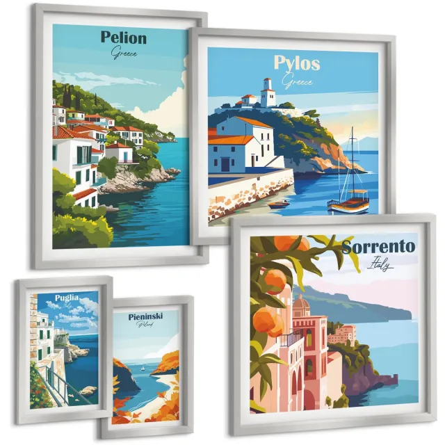 TULUP 4-Delige Schilderij Set - Landschappen van Griekse eilanden en pittoreske stadjes - 50 x 50 cm, 20 x 30 cm en 40 x 60 cm - Wanddecoratie - Moderne Interieurdecoratie - Decoratieve Schilderijen Zilveren lijst