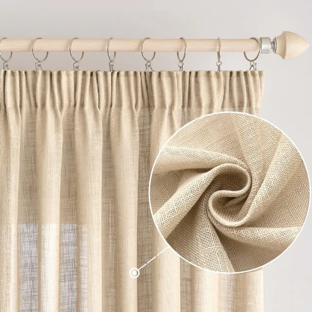 Ibenzoa Gordijnen met Linnenlook en Plooiband, Semi-Transparant voor Woonkamer en Slaapkamer, 140 x 145 cm, Beige