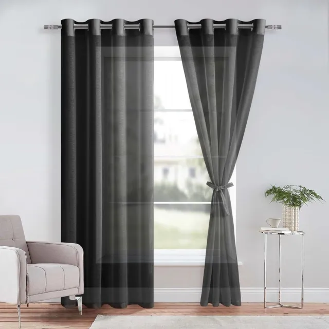 DWCN Sheer Voile gordijn, transparant, gordijn met ingestanste ringen, 2 stuks, met ogen, voor woonkamer, babykamer, slaapkamer, zwart, 260 x 140 cm (h x b)