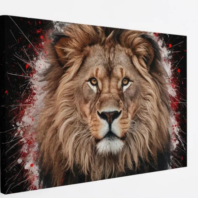 Saammp Canvas Schilderij - Abstracte Leeuw - Rood - Dieren - Natuur - 120x80 - Foto op canvas - Wanddecoratie - Muurdecoratie Woonkamer - Slaapkamer decoratie - Canvas Print Multicolor