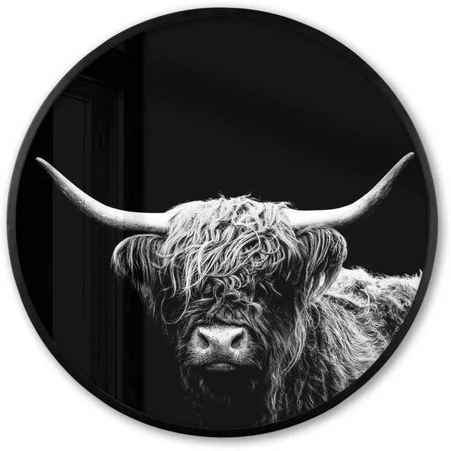 FrameYourWall Poster in lijst Rond - Fotolijst 80x80 cm - Posters - Schotse Hooglander - Koe - Zwart - Wit - Dieren - Ronde posterlijst zwart - Decoratie - Wanddecoratie woonkamer - Muurdecoratie slaapkamer