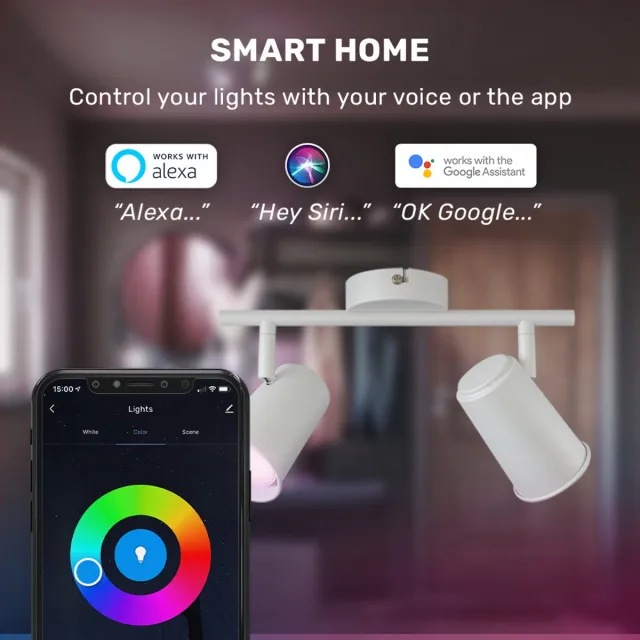HOFTRONIC SMART Riga - LED smart plafondlamp - 2 spots - 10 Watt 800 Lumen - Draaibaar en kantelbaar - GU10 - RGBWW - Wifi + Bluetooth - Google Home, Amazon Alexa en Siri - Wit - Bestuurbaar via App en Stem
