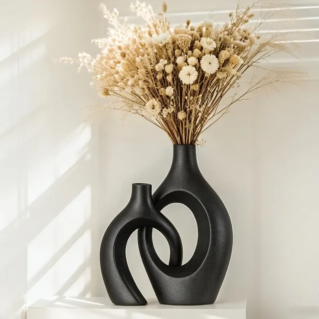 Unyqoos Set van 2 moderne keramische vazen voor stijlvolle interieurdecoratie, 2 stuks, 28.3cm Zwart