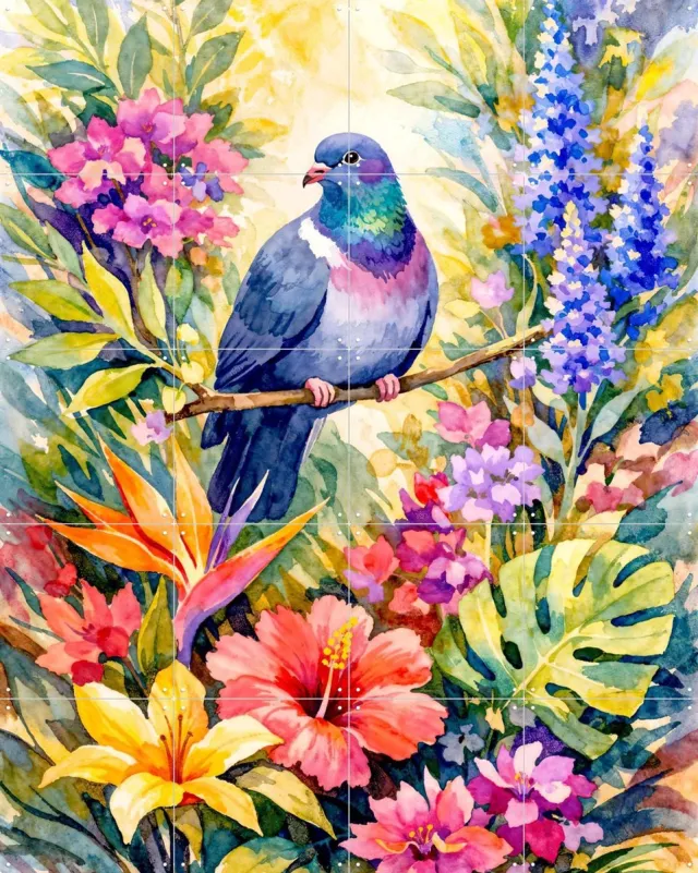 IXXI Duif Tussen Bloemen Jungle, Natalie Bruns - 80 x 100 cm - Grote wanddecoratie en posters - Aquarel, Kleurrijk, Fantasierijk, Slaapkamer, Gang Blauw / Groen