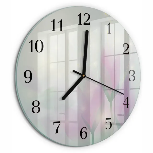 TULUP Wandklok - Bloemen Glazen Wandklok Design - 30fi cm - Roze Klok Glas Met Opdruk - Zwarte Handen - Ronde Wandklok - Wandklok Glas Decoratie - Gekleurde Glazen Klok Roze - Bloemen