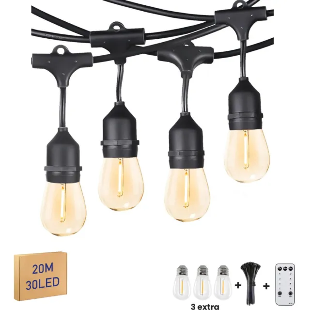Kaëru Buiten lichtsnoer – Sfeerverlichting – LED Waterdicht String Light – 20 Meter – 30 Warm Witte Lampen + 3 Reserve – IP65 Waterdicht – Met Afstandsbediening – Tuinverlichting buiten lichtsnoeren – Feestverlichting