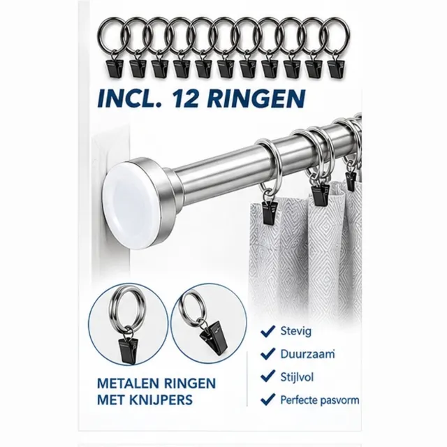 woonzinnig Verstelbare Gordijnroede Zonder Boren – 70-120 cm – RVS – Inclusief 12 Gordijnringen – Zilver