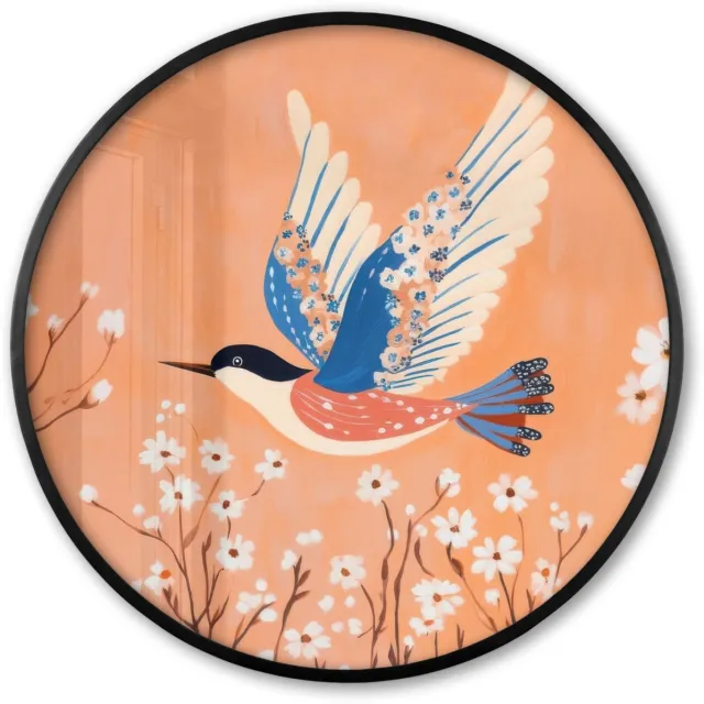 FrameYourWall Poster in lijst Rond - Fotolijst 80x80 cm - Posters - Vogel - Bloesemtakken - Warm - Kleurrijk - Ronde posterlijst zwart - Decoratie - Wanddecoratie woonkamer - Muurdecoratie slaapkamer
