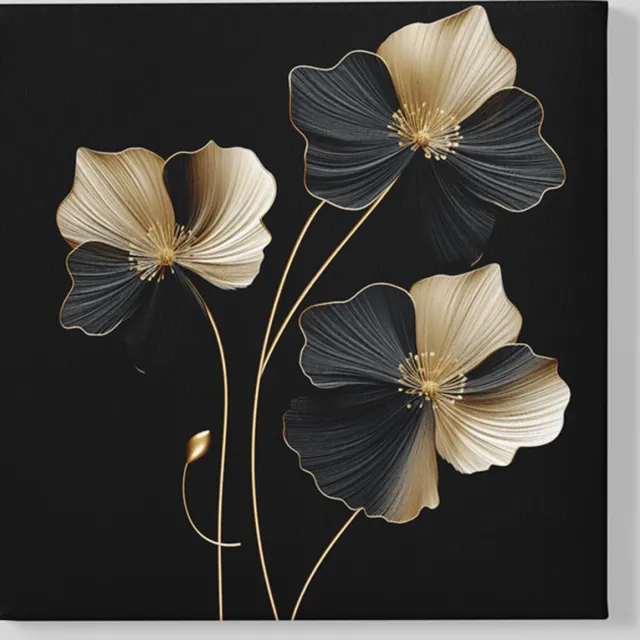 Trendex Global Vierkant Canvas Schilderij - Bloemen - Bloem - Zwart en Goud - 60x60x2 cm