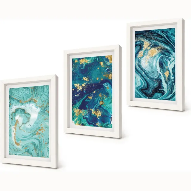 Coloray 3-Delige Schilderij Set - Turquoise abstractie van gemorste verf - 20x30 - Stijlvolle Wanddecoratie - Interieur - Woonkamer Decoratie Witte lijst