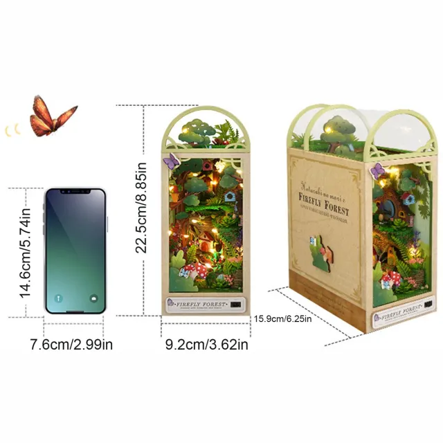 COVREO DIY boekensteun met LED licht – 18 x 15 x 9,8 cm – Houten puzzel book nook voor boekenplank – Miniatuur kit voor decoratie – Bruin Bruin, groen, roze, blauw