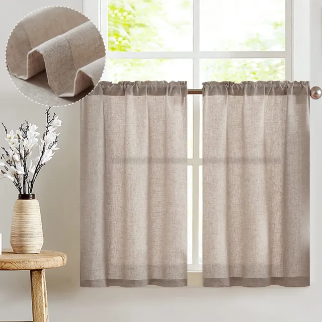Ibenzoa Tijdloze Linnenlook Vitrage voor Keuken en Balkon, Set van 2 Stuks, Halftransparant, 65 x 90 cm beige