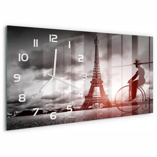 TULUP Wandklok - Eiffeltoren Parijs Klok Glas Met Opdruk - 60x30 cm - Oranje Moderne Wandklok Glas - Witte handen - Rechthoekige Klok - Decoratieve Glazen Klok - Glazen Wandklok Design