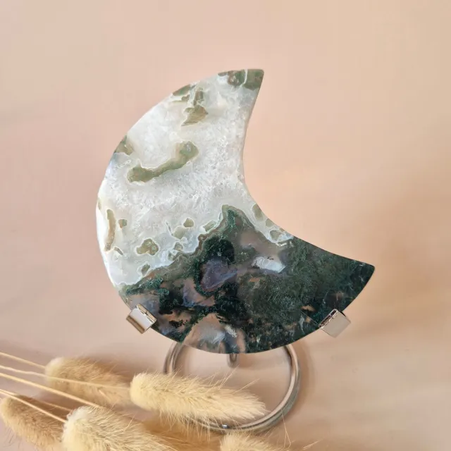 Moonlight Gemstones XL Edelsteen Mosagaat Maan op Standaard (Druzy & Patronen) #183 - 183gr