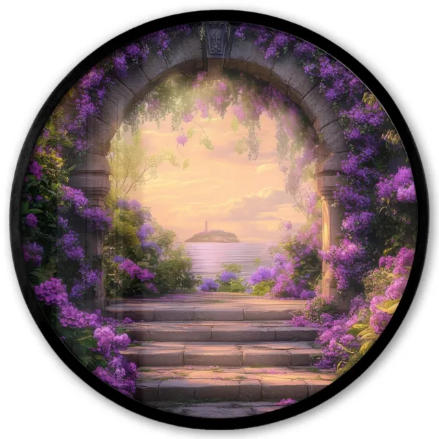 FrameYourWall Poster in lijst Rond - Fotolijst 40x40 cm - Posters - Poort - Paars - Bloemen - Ronde posterlijst zwart - Decoratie - Wanddecoratie woonkamer - Muurdecoratie slaapkamer Poort - Paarse bloemen