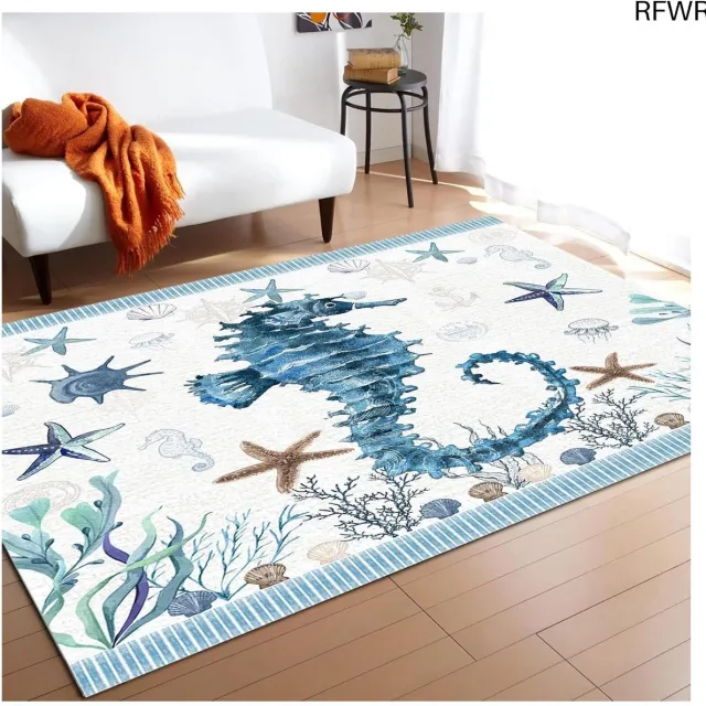RFWR Decoratief Vloerkleed met Zeepaardje en Zeewier - Antislip Deurmat voor Binnen en Buiten 120 x 160 cm Deurmat 1809