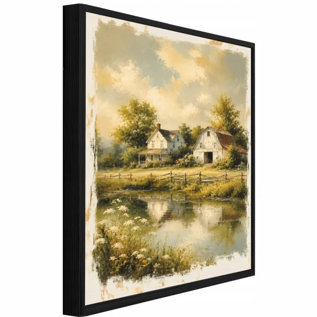 WALLARENA Schilderij op canvas met zwarte lijst - 60x40 cm - landelijk boerderijlandschap in vintage stijl - voor slaapkamer en woonkamer Beige