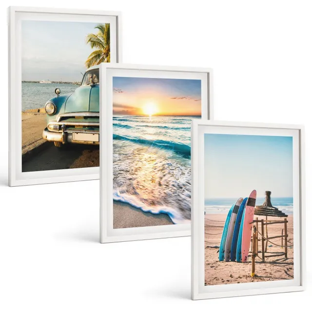TULUP 3-Delige Schilderij Set - Vakantie in Miami met uitzicht op de zonsondergang en zee - 40x60 - Muurdecoratie - Wanddecoratie - Slaapkamer Witte lijst