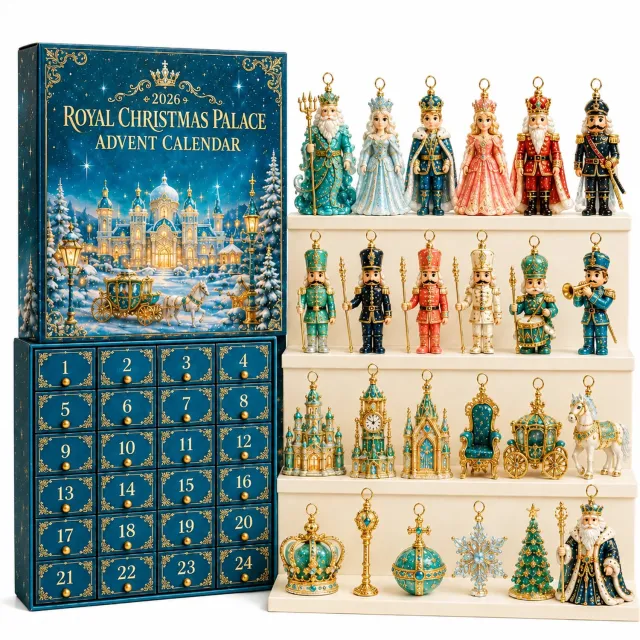 SWGOTA Adventskalender 2026 Koninklijk Kerstpaleis met 24 genummerde laatjes en kerstornamenten, 26 x 18 x 3 cm Blauw