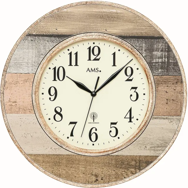 AMS 5975 Wanduhr klassisch Funkwanduhr Holzdekor- Serie: AMS Design Crème