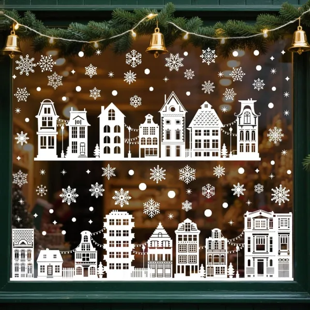 ZVD Herbruikbare Kerst Raamstickers Met Sneeuwvlokken En Huisjes - Dubbelzijdige Raamdecoratie Voor Kerstfeesten - Feestelijke Winter Versiering Wit