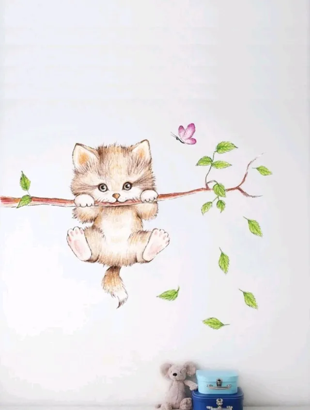 Bientje's muursticker - Poes met vlinder Multi